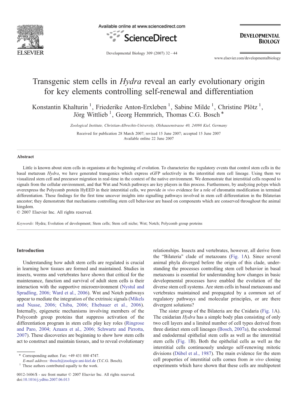 Transgenic Stem Cells in Hydra Reveal an Early Evolutionary Origin for Key Elements Controlling Self-Renewal and Differentiation