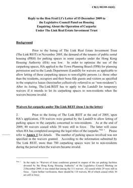 Reply to the Hon Fred LI's Letter of 15 December 2009 to the Legislative
