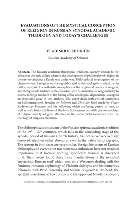 Evaluations of the Mystical Conception of Religion in Russian Synodal Academic Theology and Today’S Challenges