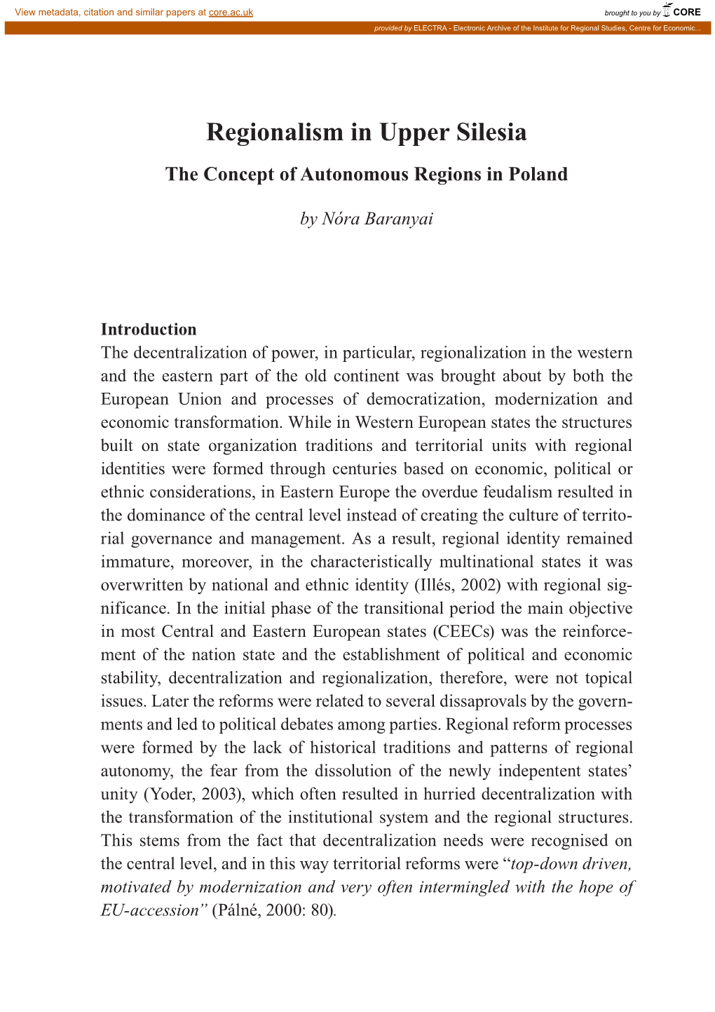 Regionalism in Upper Silesia the Concept of Autonomous Regions in Poland