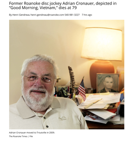 Former Roanoke Disc Jockey Adrian Cronauer, Depicted in “Good Morning, Vietnam,” Dies at 79 | Local News | Roanoke.Com