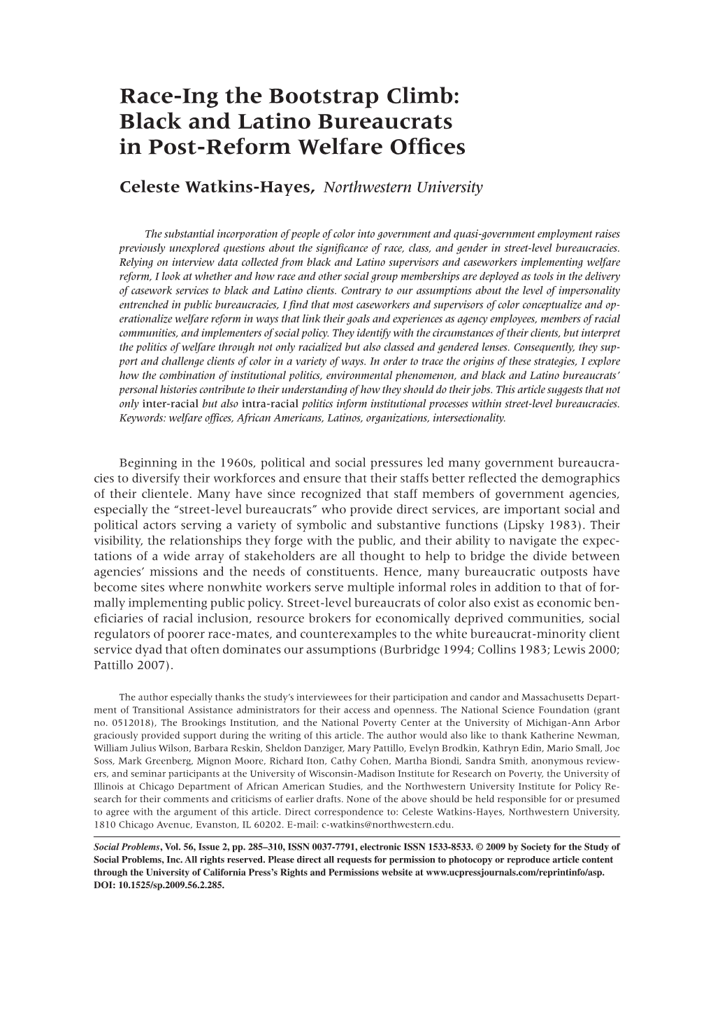 Race-Ing the Bootstrap Climb: Black and Latino Bureaucrats in Post-Reform Welfare Offices