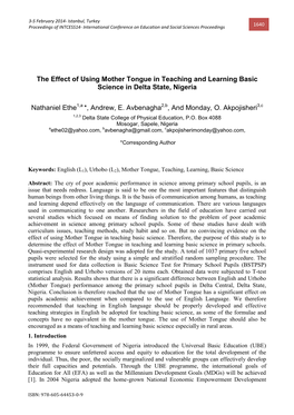 The Effect of Using Mother Tongue in Teaching and Learning Basic Science in Delta State, Nigeria
