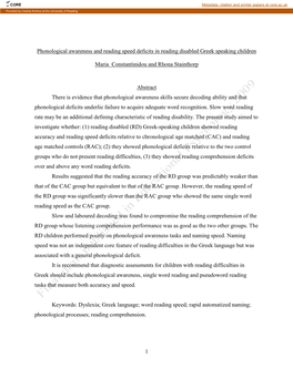 Phonological Awareness and Reading Speed Deficits in Reading Disabled Greek Speaking Children