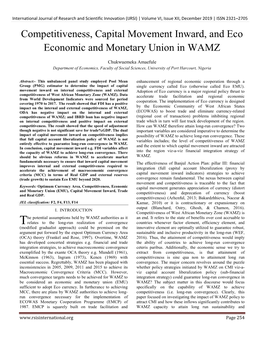 Competitiveness, Capital Movement Inward, and Eco Economic and Monetary Union in WAMZ