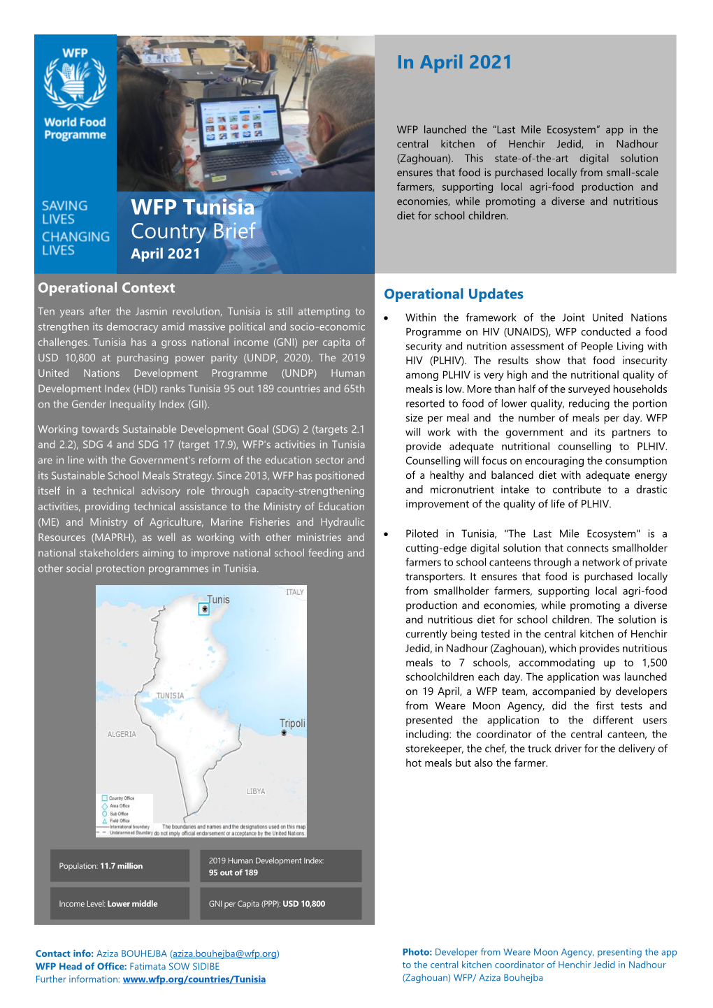 WFP Tunisia Country Brief April 2021