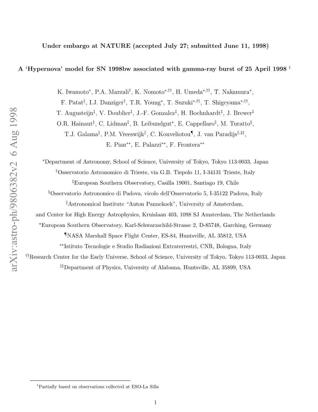 Ahypernova'model for SN 1998Bw Associated with Gamma-Ray Burst Of