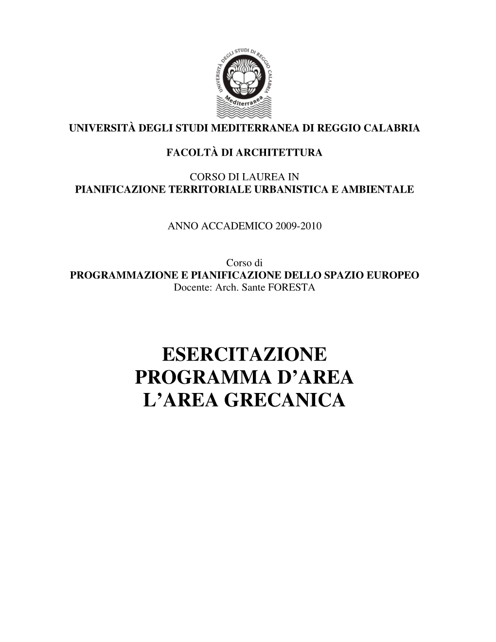 Esercitazione Programma D'area L'area Grecanica