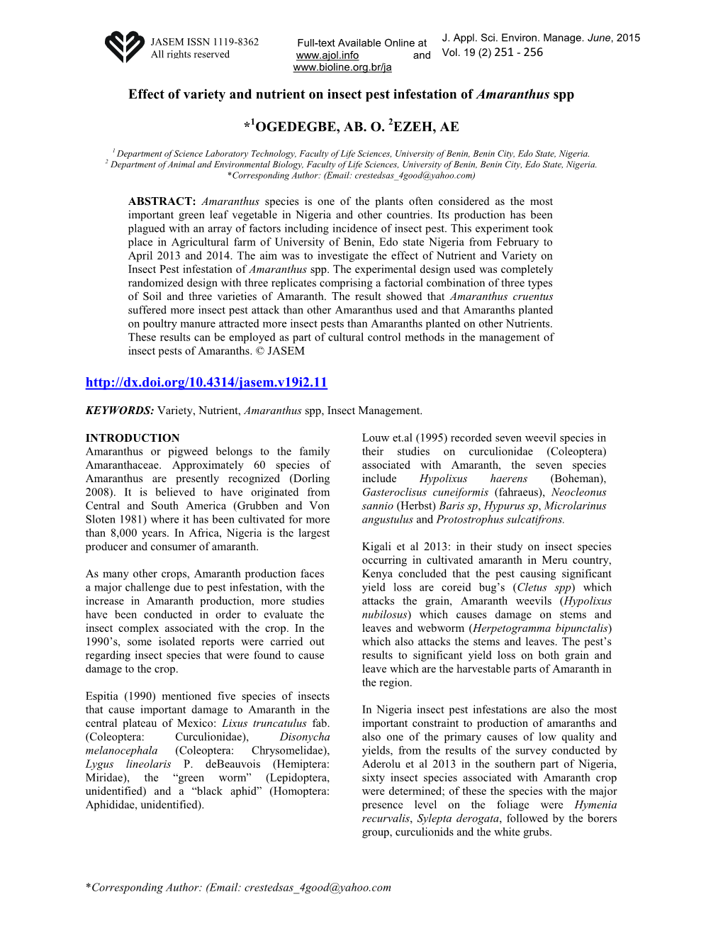 Effect of Variety and Nutrient on Insect Pest Infestation of Amaranthus Spp