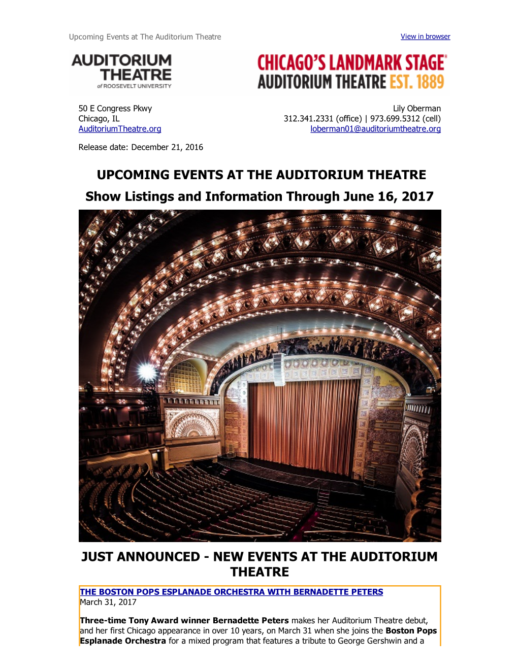 UPCOMING EVENTS at the AUDITORIUM THEATRE Show Listings and Information Through June 16, 2017