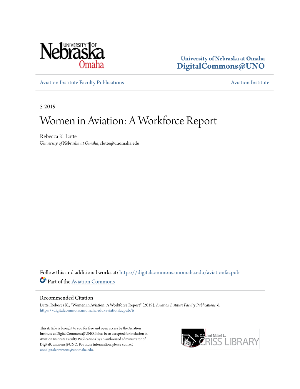 Women in Aviation: a Workforce Report Rebecca K