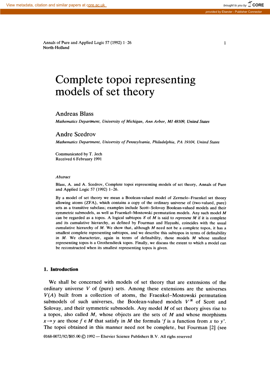 Complete Topoi Representing Models of Set Theory