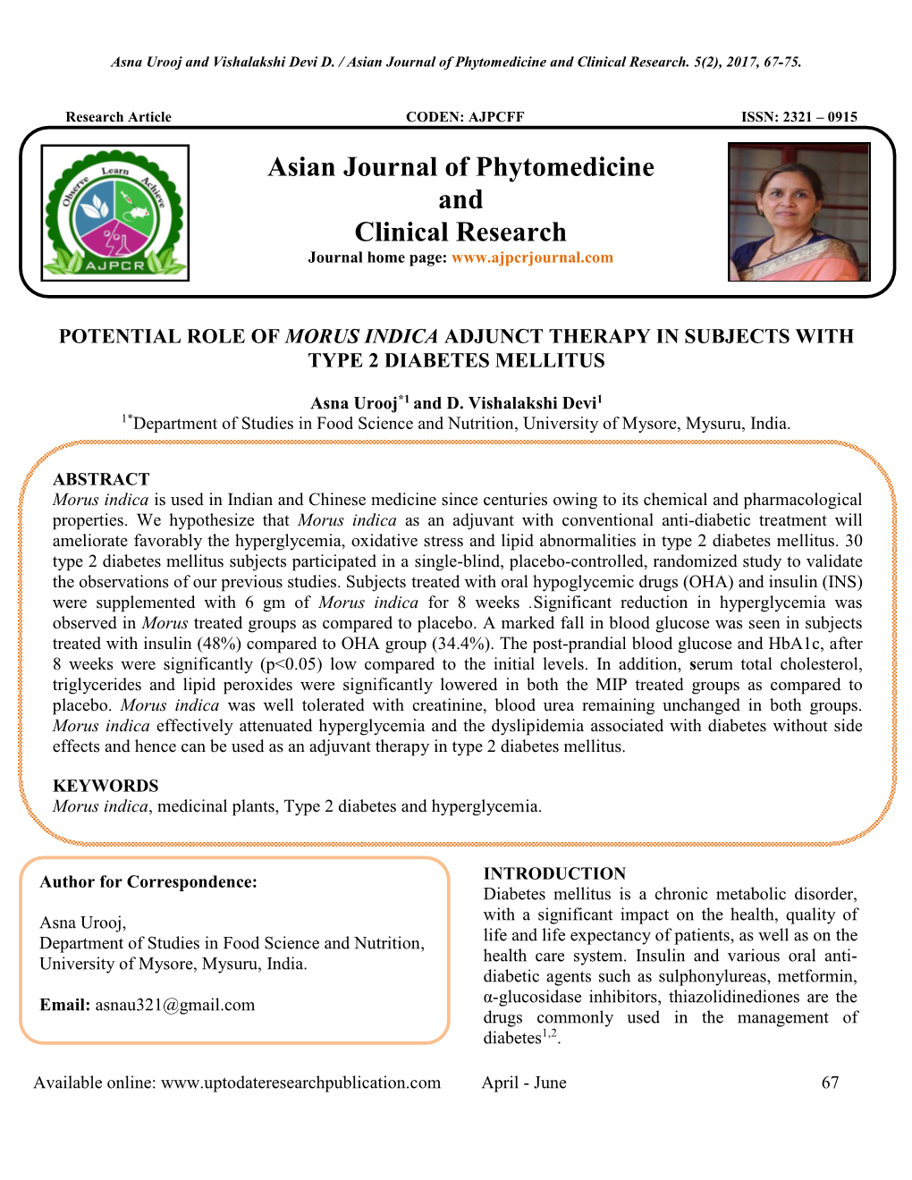 Potential Role of Morus Indica Adjunct Therapy in Subjects with Type 2 Diabetes Mellitus