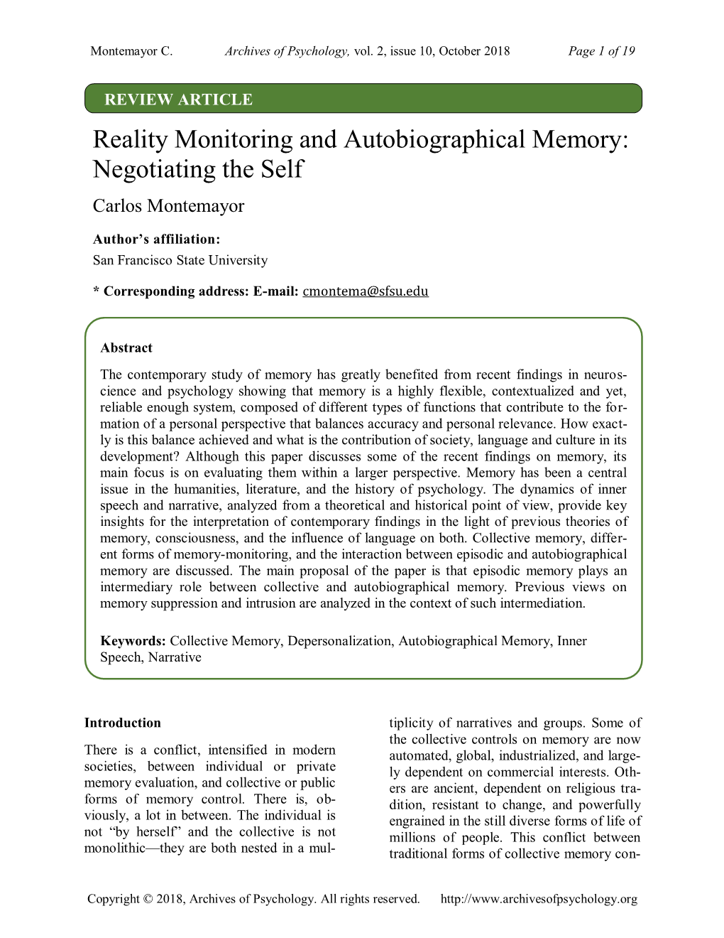 Reality Monitoring and Autobiographical Memory: Negotiating the Self Carlos Montemayor