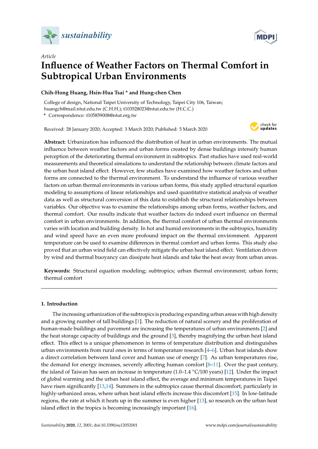 Influence of Weather Factors on Thermal Comfort in Subtropical