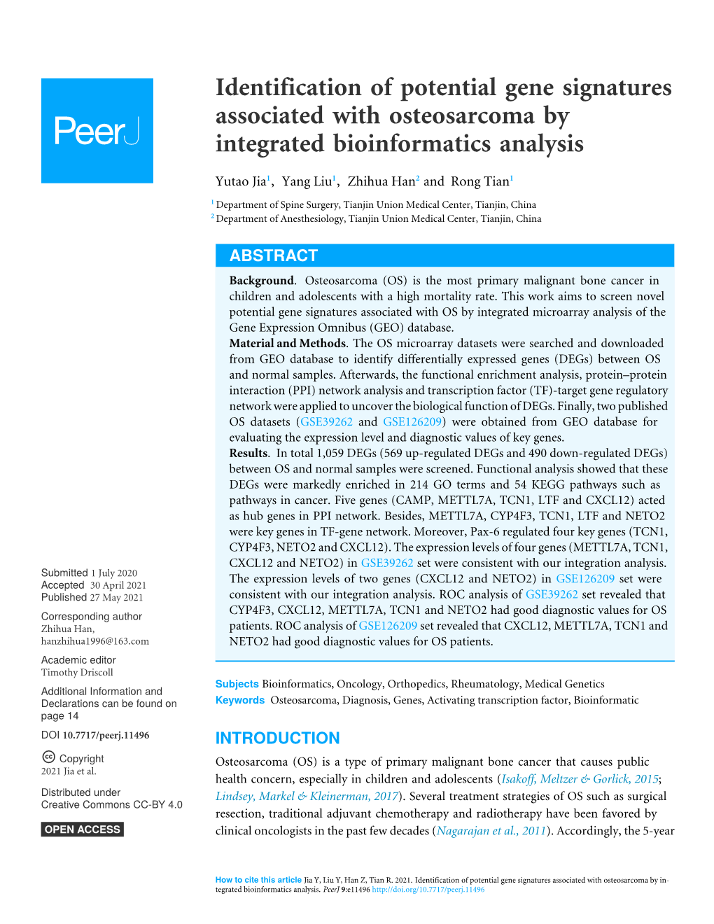 Identification of Potential Gene Signatures Associated with Osteosarcoma by Integrated Bioinformatics Analysis