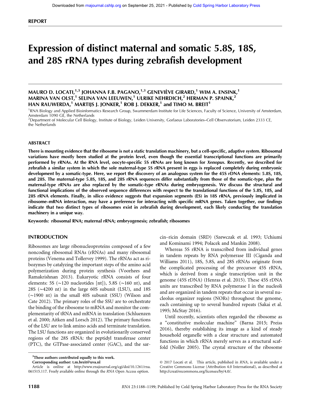 Expression of Distinct Maternal and Somatic 5.8S, 18S, and 28S Rrna Types During Zebrafish Development