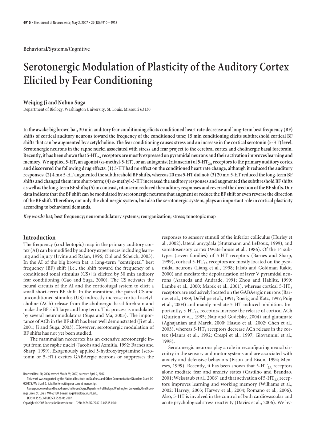 Serotonergic Modulation of Plasticity of the Auditory Cortex Elicited by Fear Conditioning