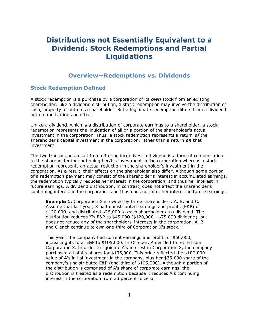 Distributions Not Essentially Equivalent to a Dividend: Stock Redemptions and Partial