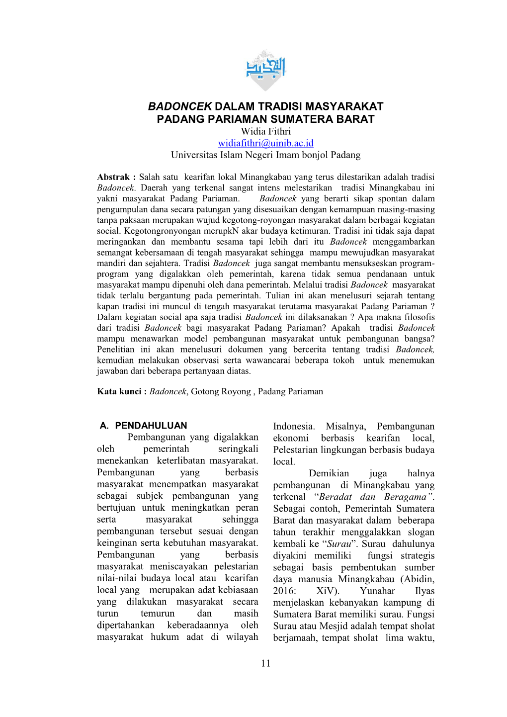 BADONCEK DALAM TRADISI MASYARAKAT PADANG PARIAMAN SUMATERA BARAT Widia Fithri Widiafithri@Uinib.Ac.Id Universitas Islam Negeri Imam Bonjol Padang