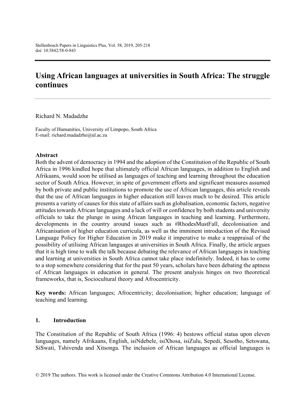 Using African Languages at Universities in South Africa: the Struggle Continues
