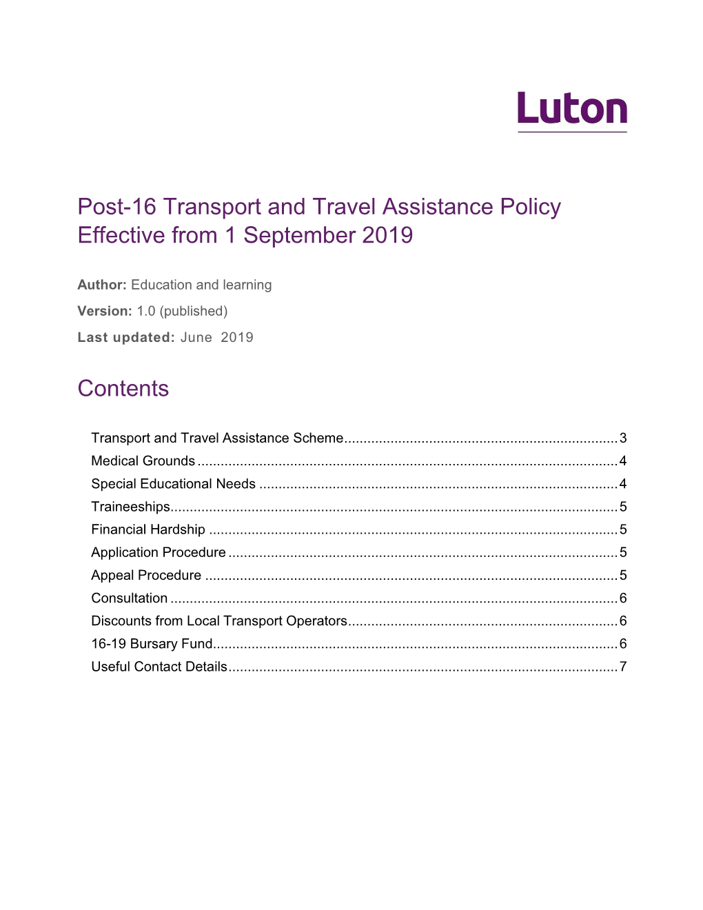 Transport and Travel Assistance Policy Effective from 1 September 2019