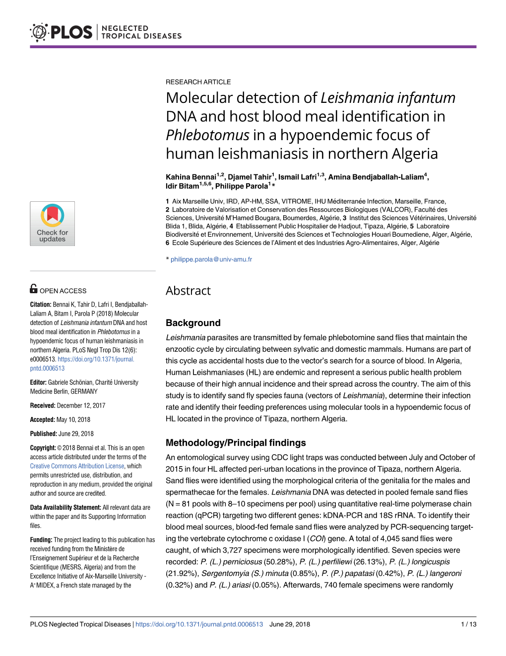 Molecular Detection of Leishmania Infantum DNA and Host Blood Meal Identification in Phlebotomus in a Hypoendemic Focus of Human Leishmaniasis in Northern Algeria