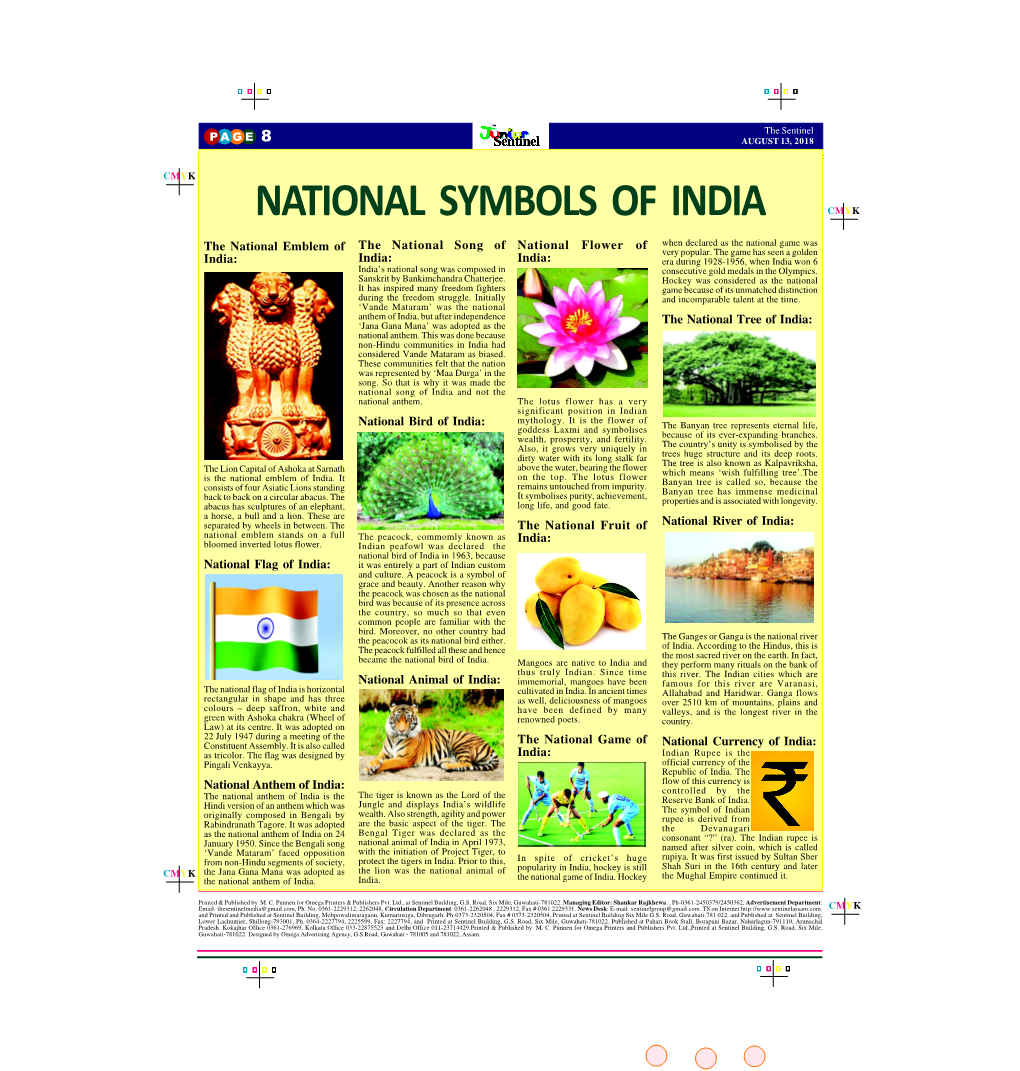 NATIONAL SYMBOLS of INDIA CMYK the National Song of National Flower of When Declared As the National Game Was the National Emblem of Very Popular