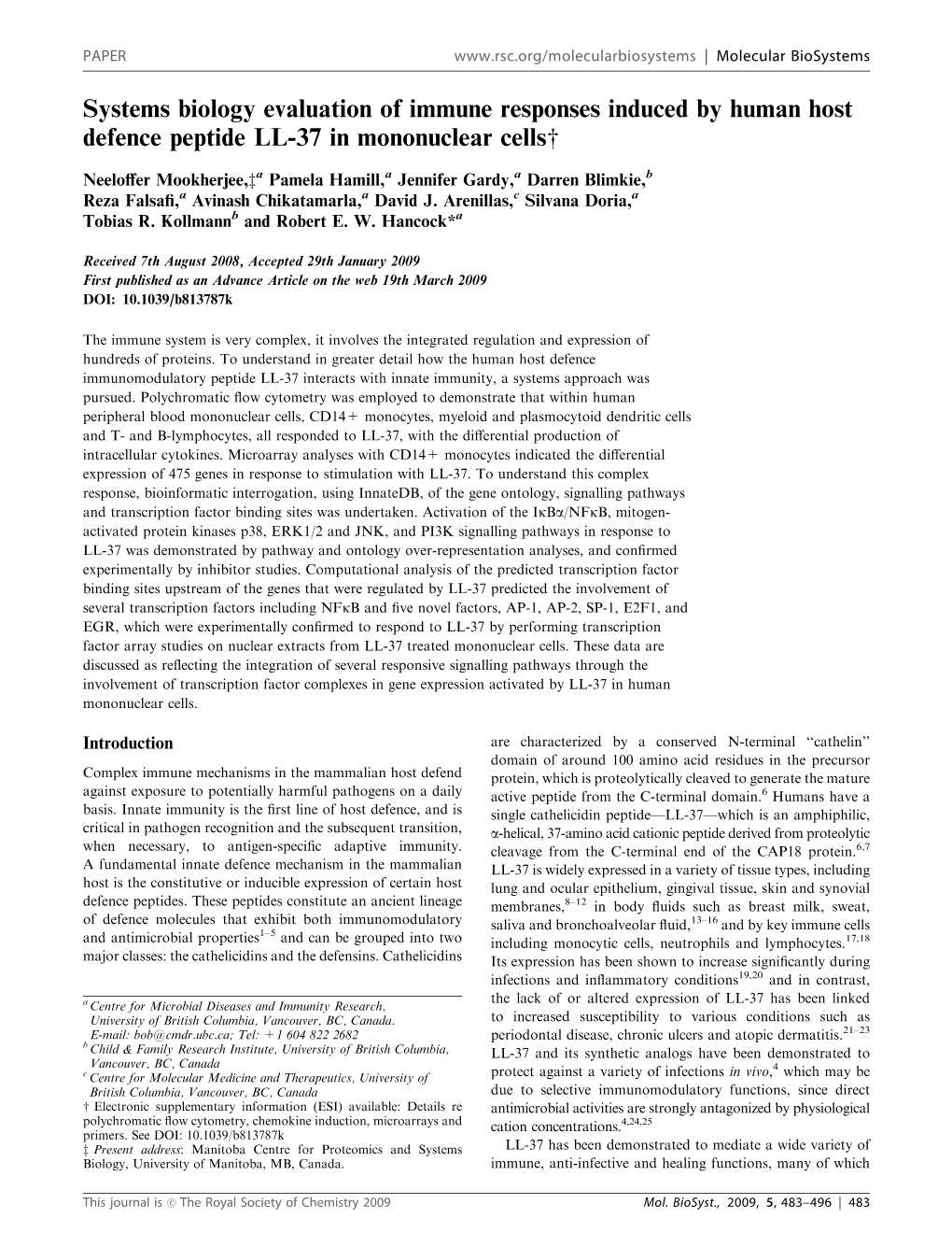 Systems Biology Evaluation of Immune Responses Induced by Human Host Defence Peptide LL-37 in Mononuclear Cellsw