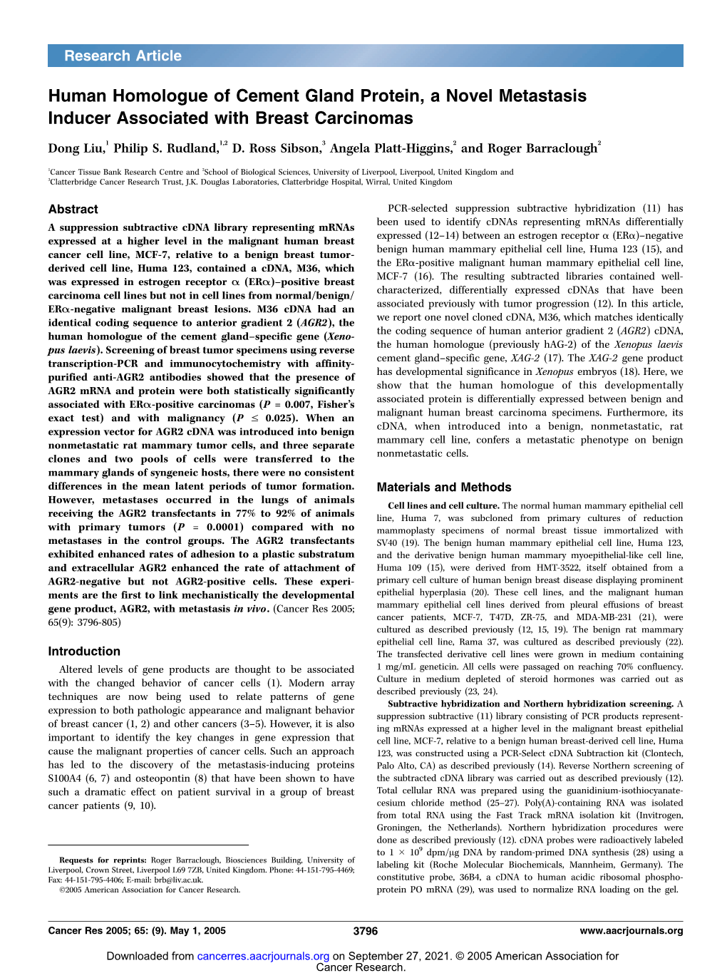 Human Homologue of Cement Gland Protein, a Novel Metastasis Inducer Associated with Breast Carcinomas