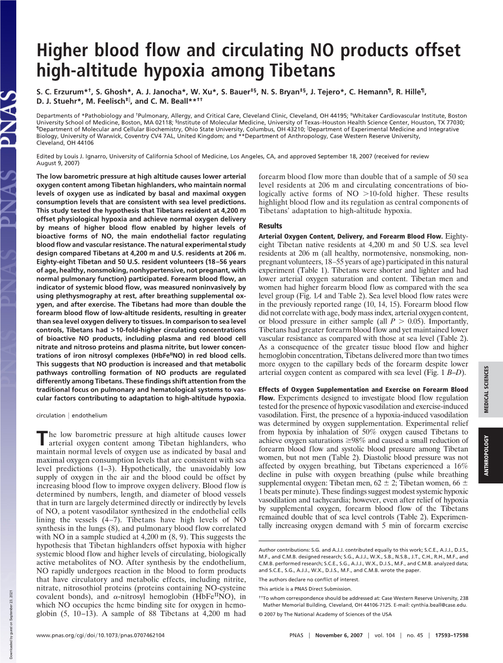 Higher Blood Flow and Circulating NO Products Offset High-Altitude Hypoxia Among Tibetans