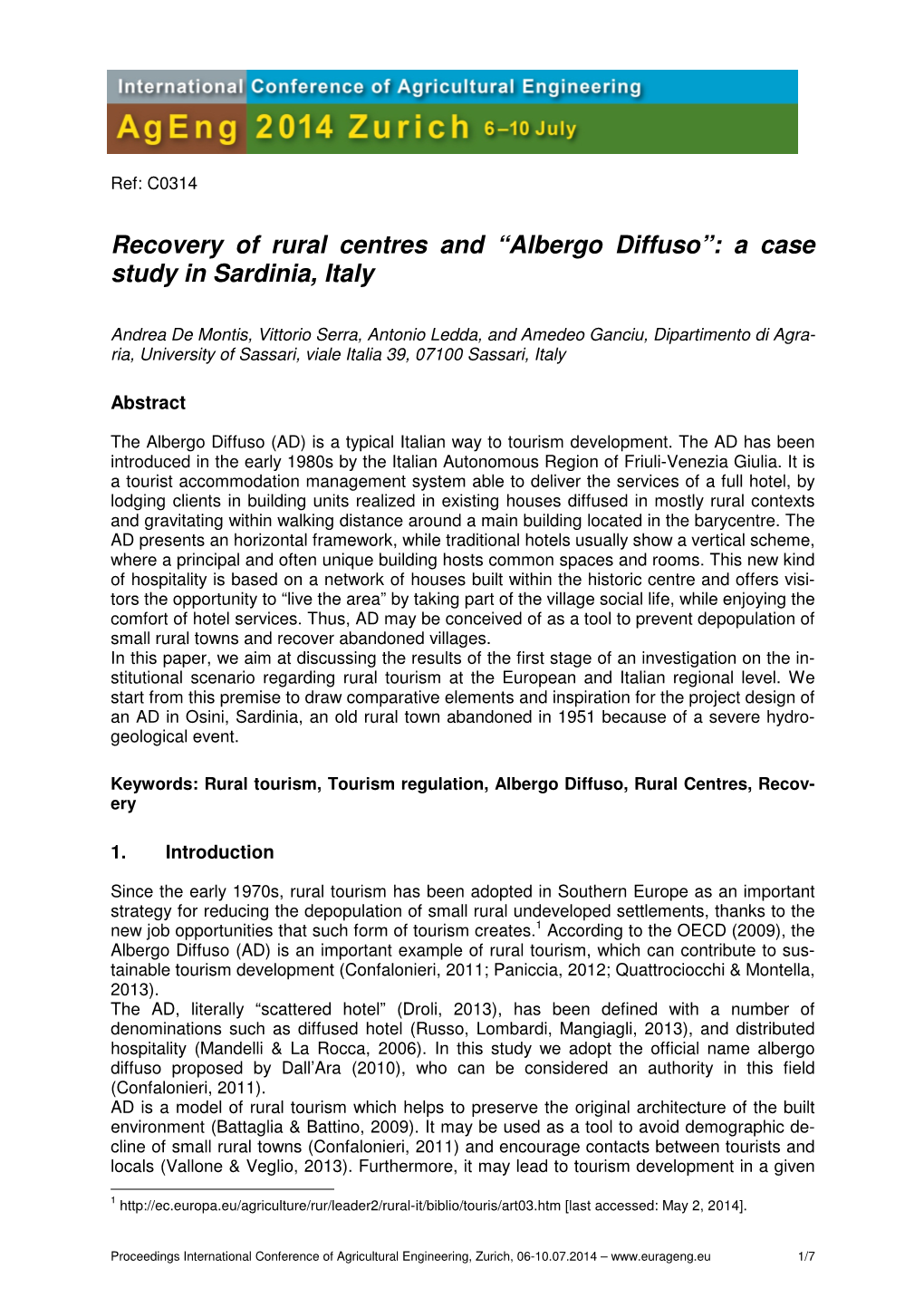 Recovery of Rural Centres and “Albergo Diffuso”: a Case Study in Sardinia, Italy