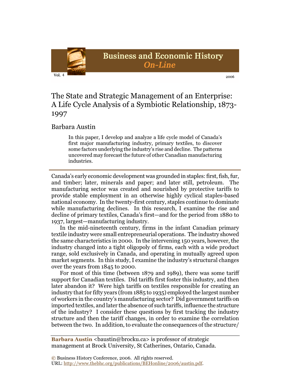 The State and Strategic Management of an Enterprise: a Life Cycle Analysis of a Symbiotic Relationship, 1873- 1997