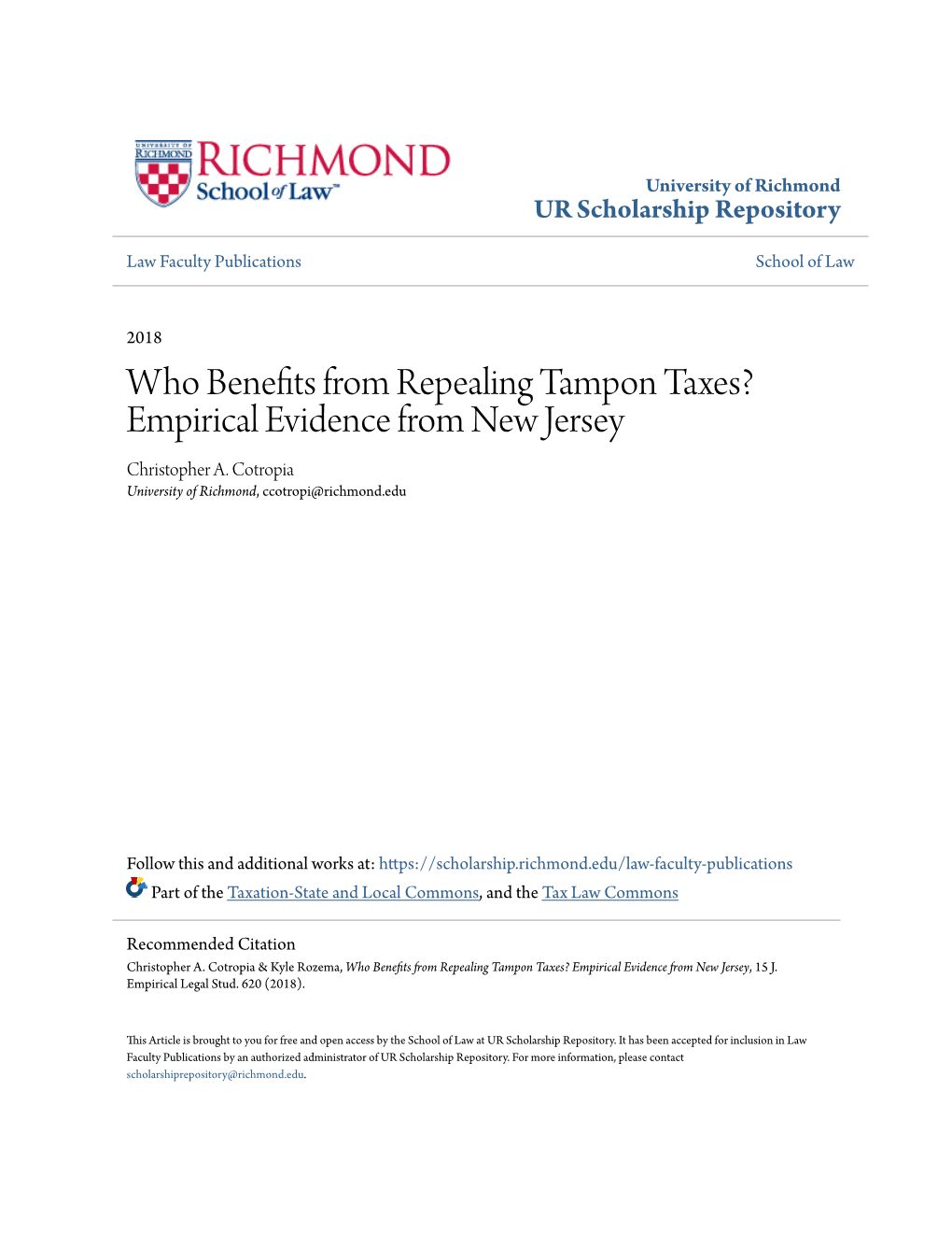 Who Benefits from Repealing Tampon Taxes? Empirical Evidence from New Jersey Christopher A