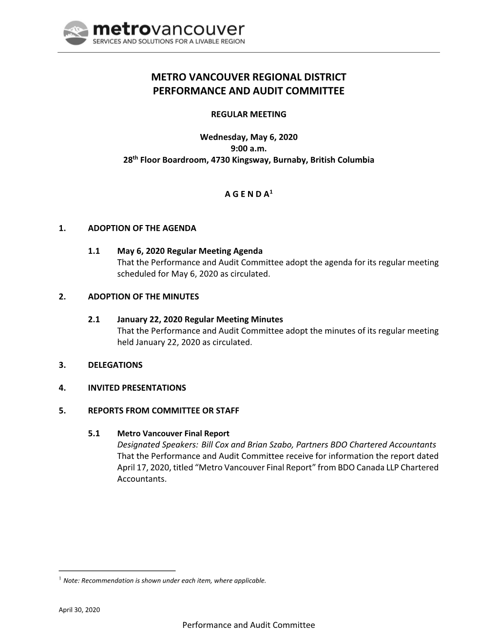 Performance and Audit Committee Agenda May 6, 2020