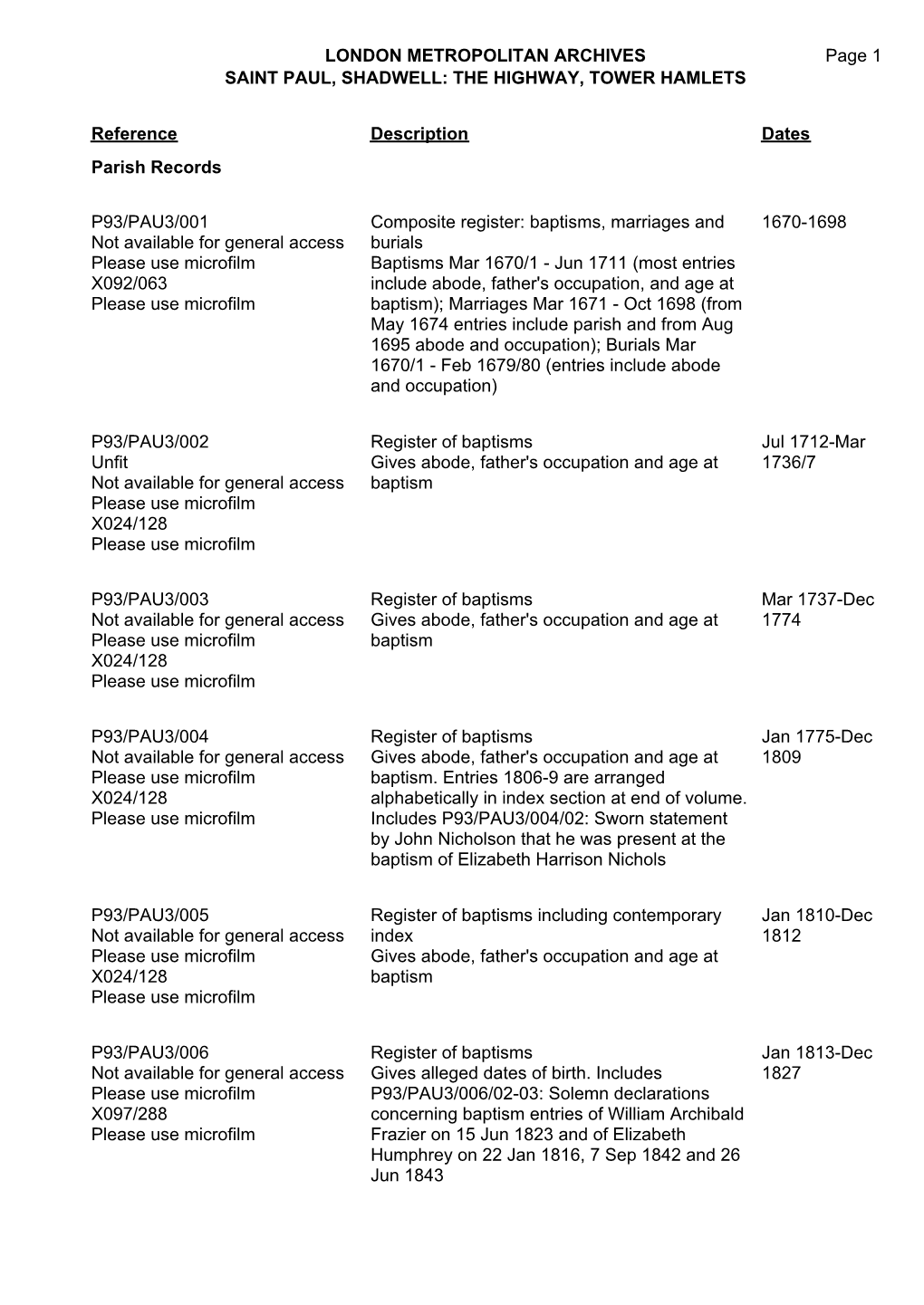 LONDON METROPOLITAN ARCHIVES SAINT PAUL, SHADWELL: the HIGHWAY, TOWER HAMLETS P93/PAU3 Page 1 Reference Description Dates Parish