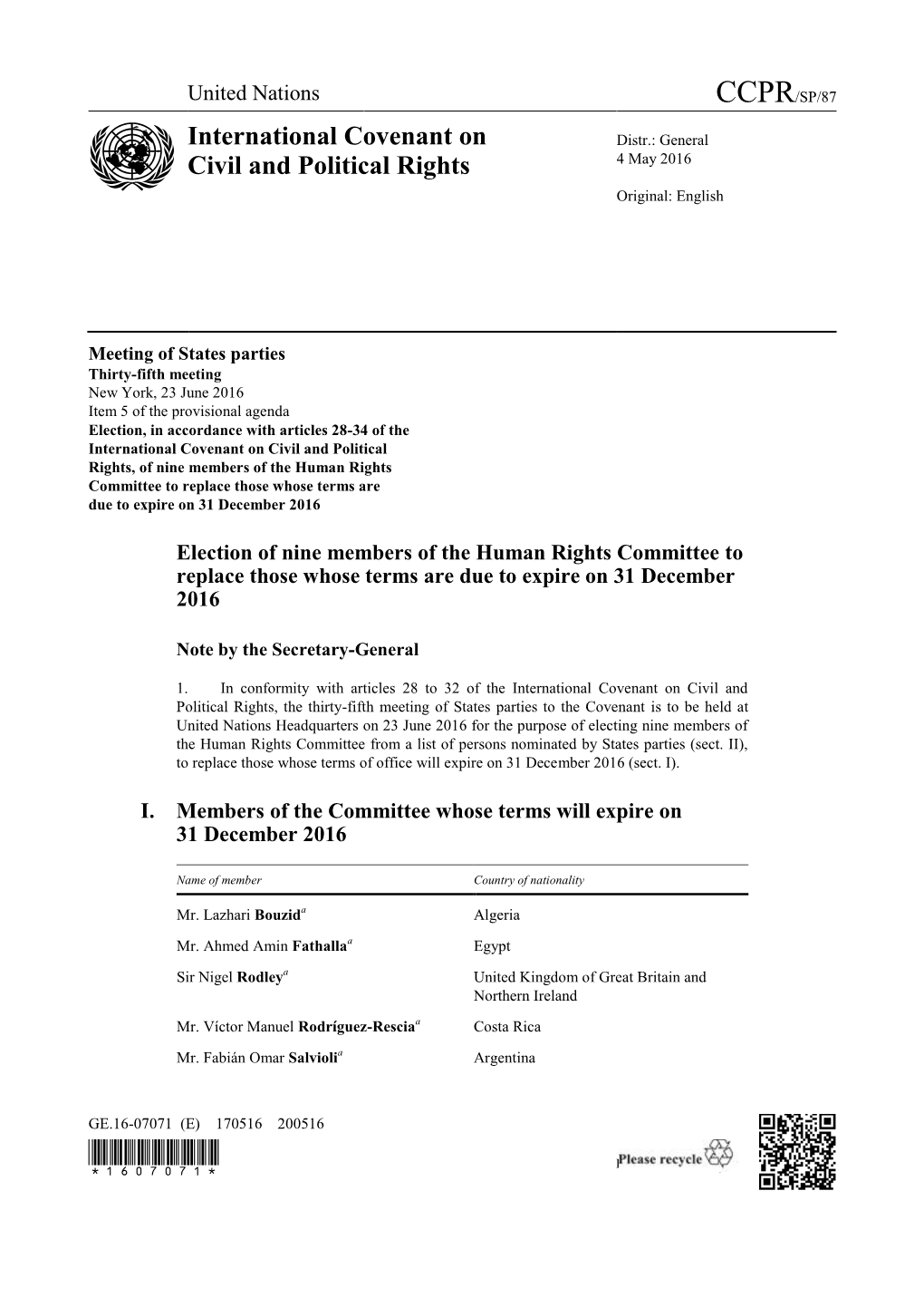 Page 1 GE.16-07071 (E) 170516 200516 Meeting of States Parties