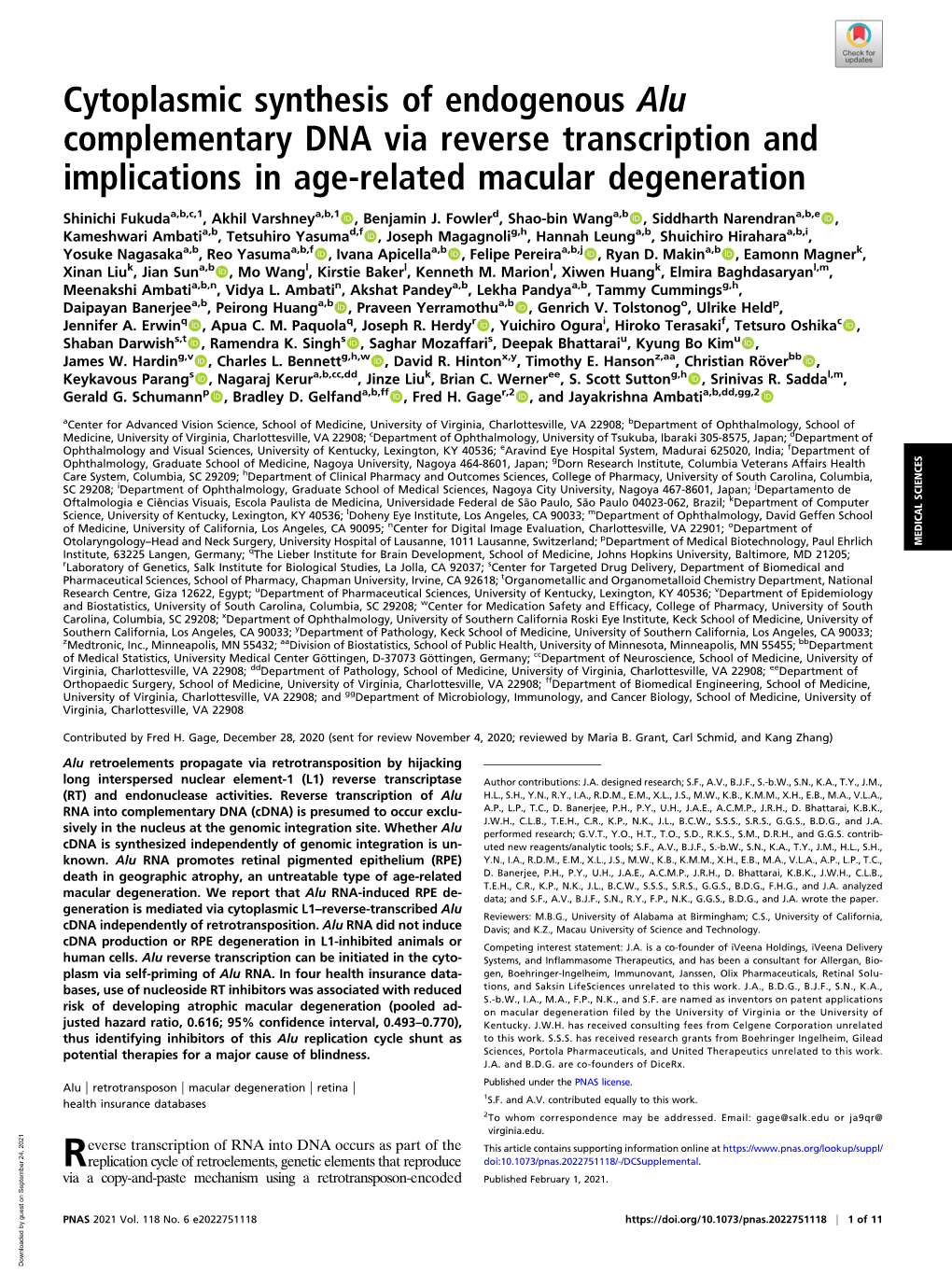 Cytoplasmic Synthesis of Endogenous Alu Complementary DNA Via Reverse Transcription and Implications in Age-Related Macular Degeneration