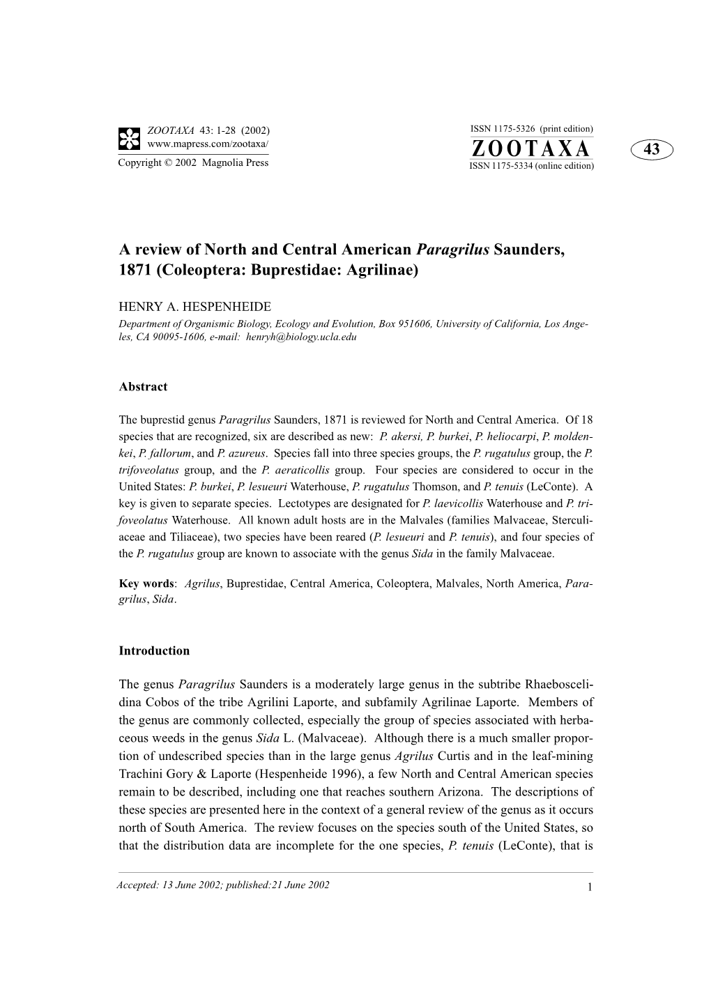 ZOOTAXA 43: 1-28 (2002) ISSN 1175-5326 (Print Edition) ZOOTAXA 43 Copyright © 2002 Magnolia Press ISSN 1175-5334 (Online Edition)