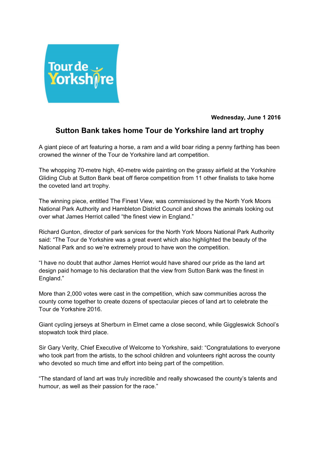 Press Releases Sutton Bank Takes Home Tour De Yorkshire Land Art
