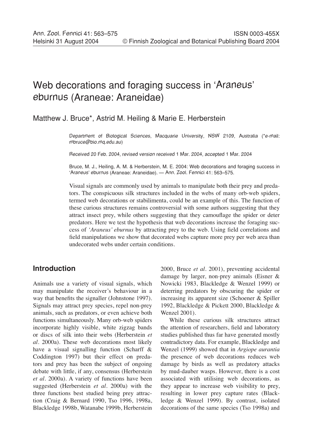 Web Decorations and Foraging Success in 'Araneus' Eburnus
