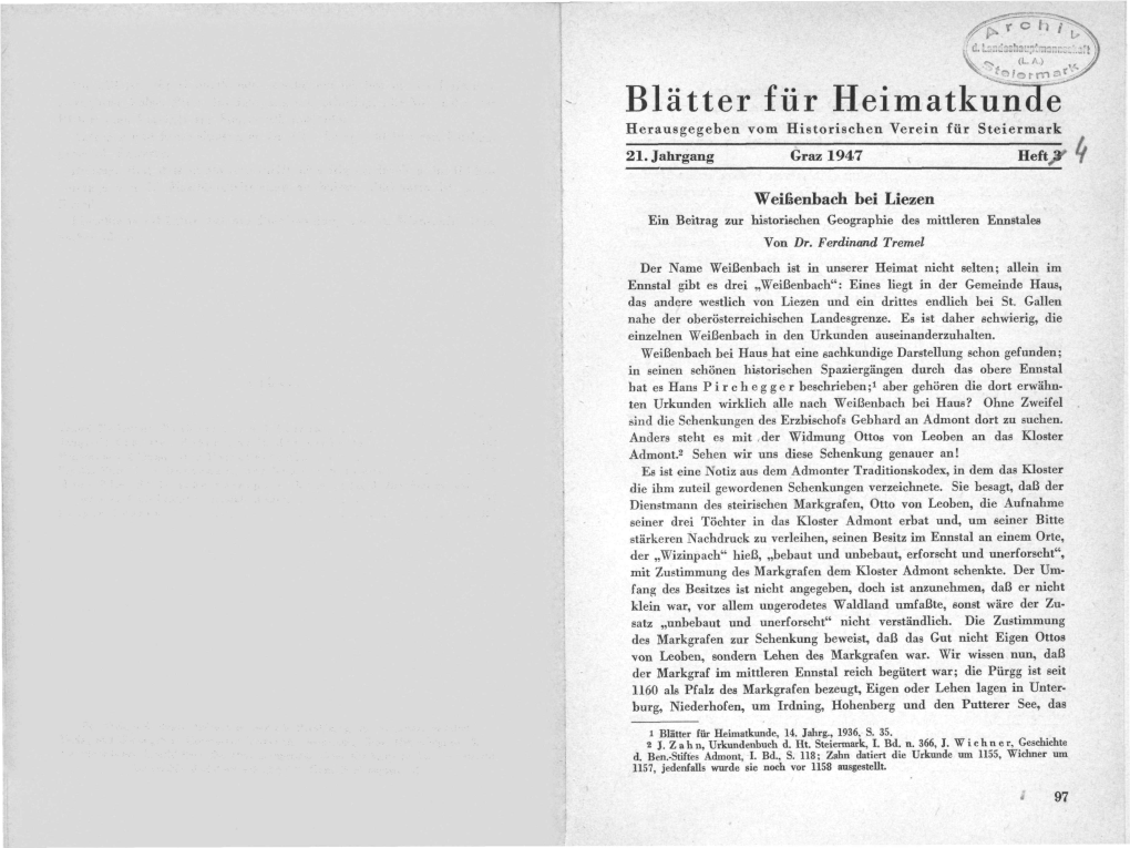 Ferdinand TREMEL, Weißenbach Bei Liezen. Ein Beitrag Zur Historischen Geographie Des Mittleren Ennstales