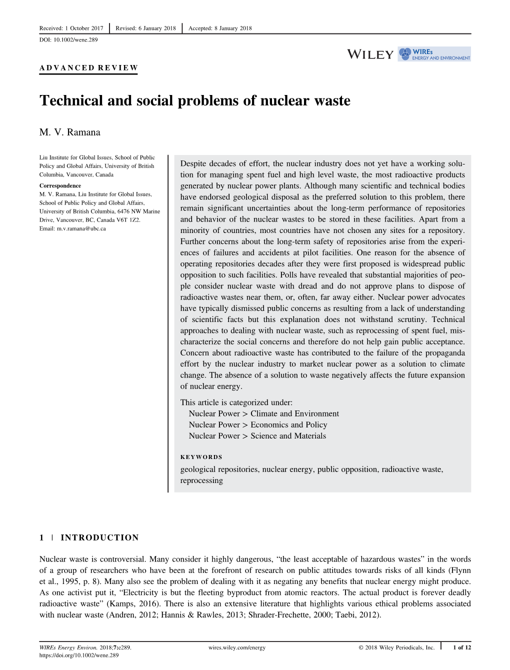 Technical and Social Problems of Nuclear Waste