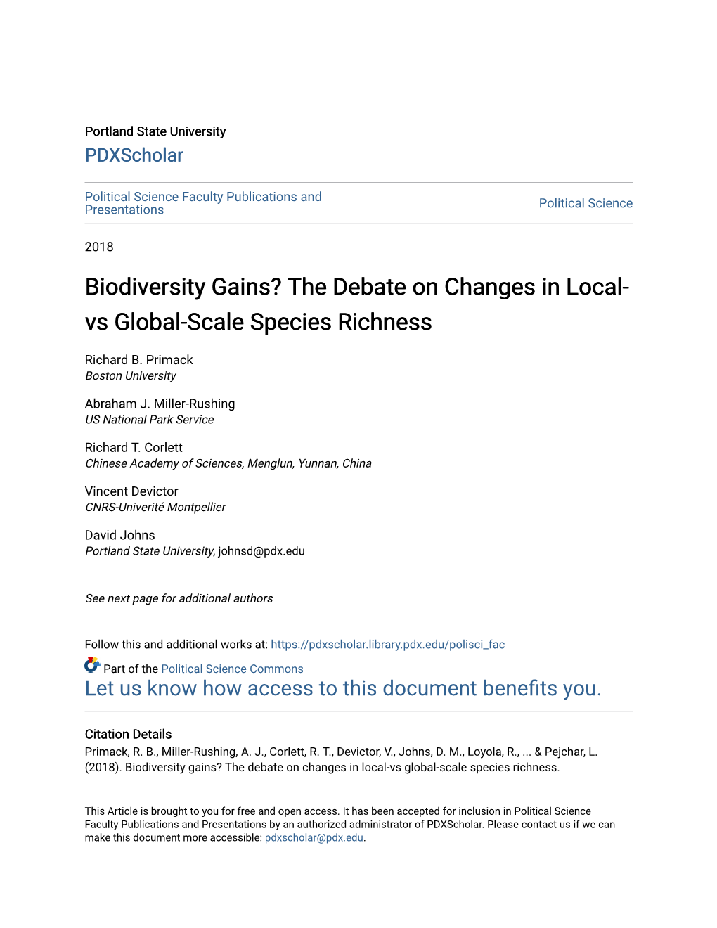 Biodiversity Gains? the Debate on Changes in Local- Vs Global-Scale Species Richness