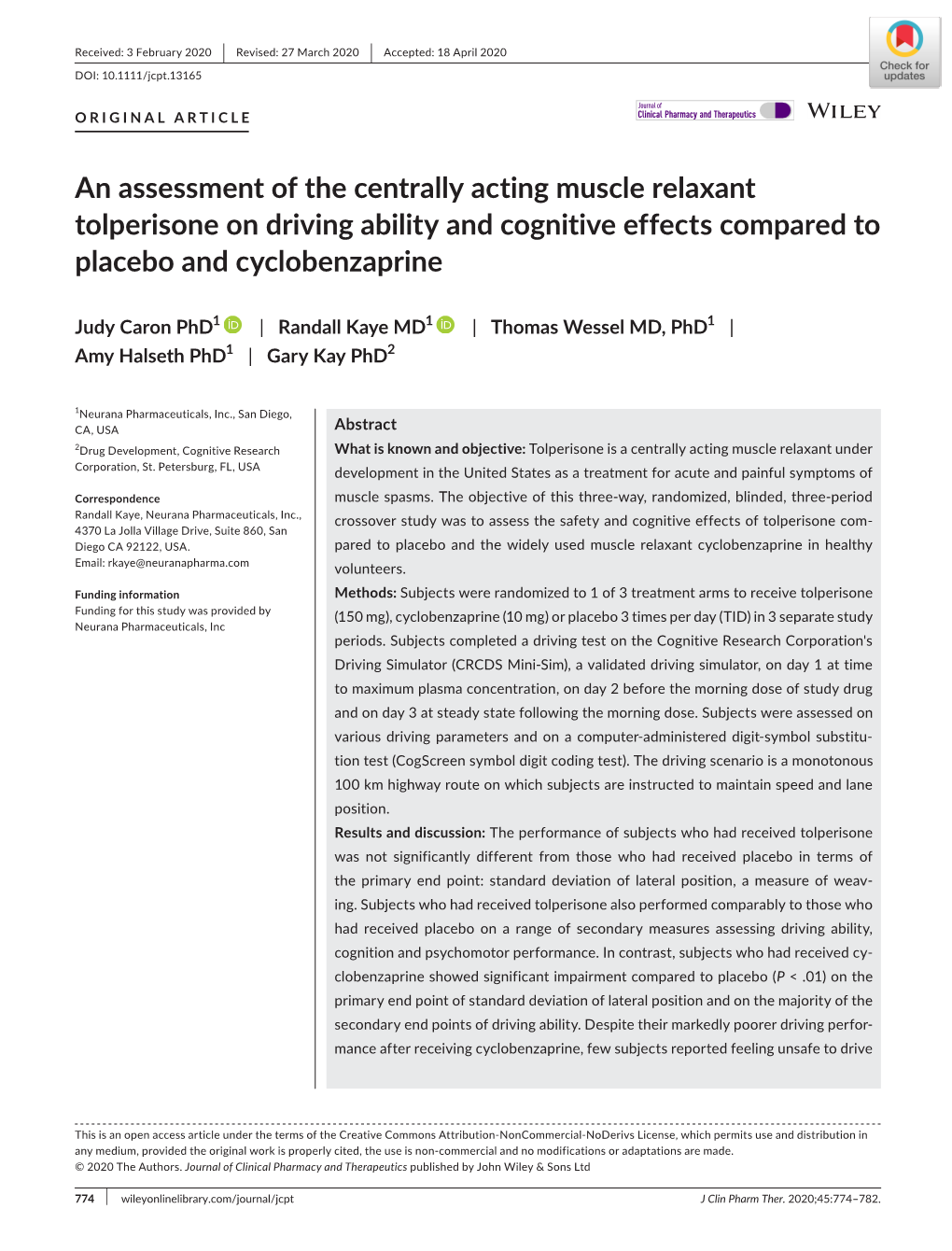 An Assessment of the Centrally Acting Muscle Relaxant Tolperisone on Driving Ability and Cognitive Effects Compared to Placebo and Cyclobenzaprine