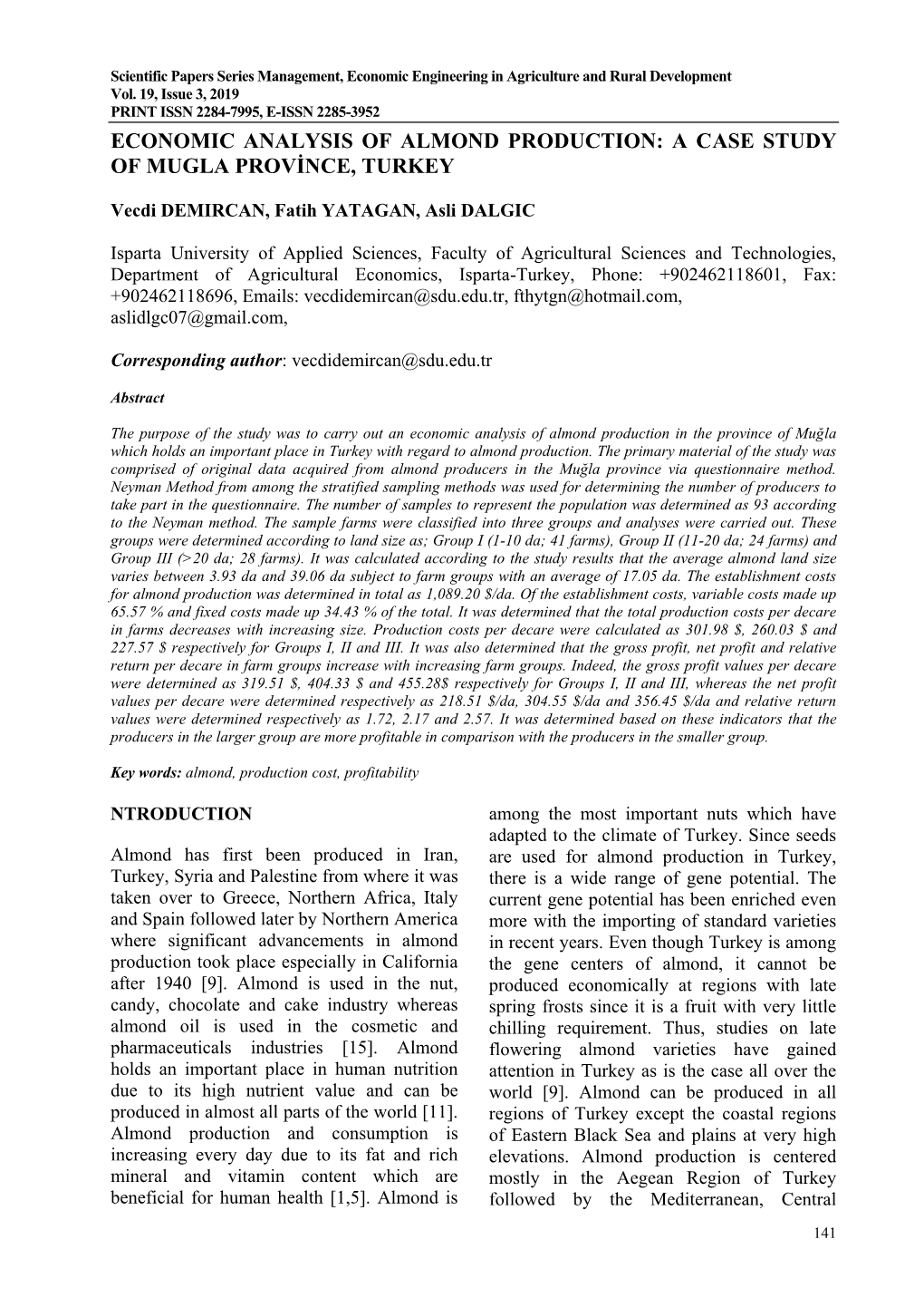 Economic Analysis of Almond Production: a Case Study of Mugla Province, Turkey