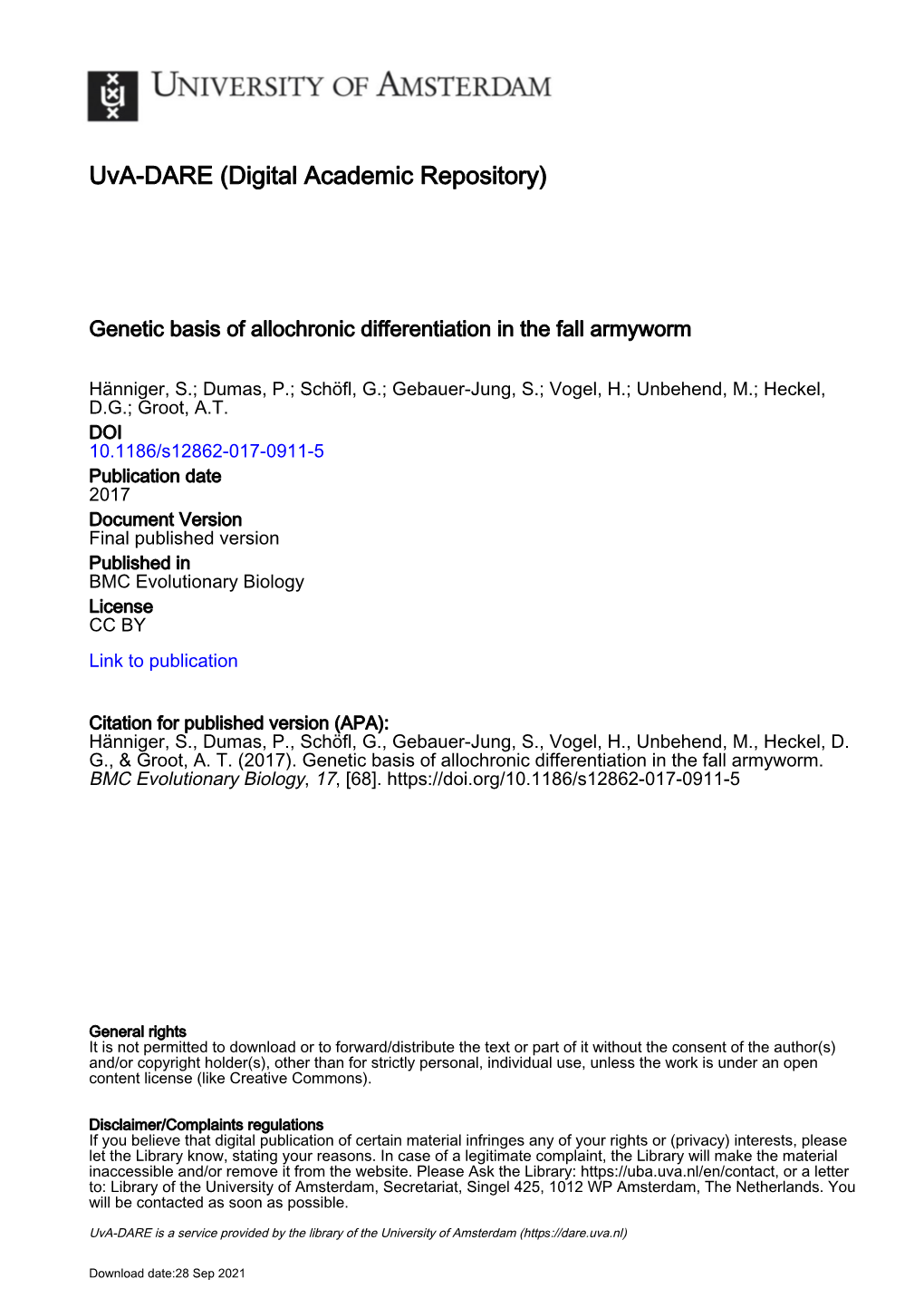 Genetic Basis of Allochronic Differentiation in the Fall Armyworm