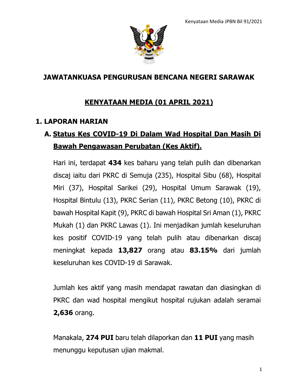 JAWATANKUASA PENGURUSAN BENCANA NEGERI SARAWAK KENYATAAN MEDIA (01 APRIL 2021) 1. LAPORAN HARIAN A. Status Kes COVID-19 Di Dalam