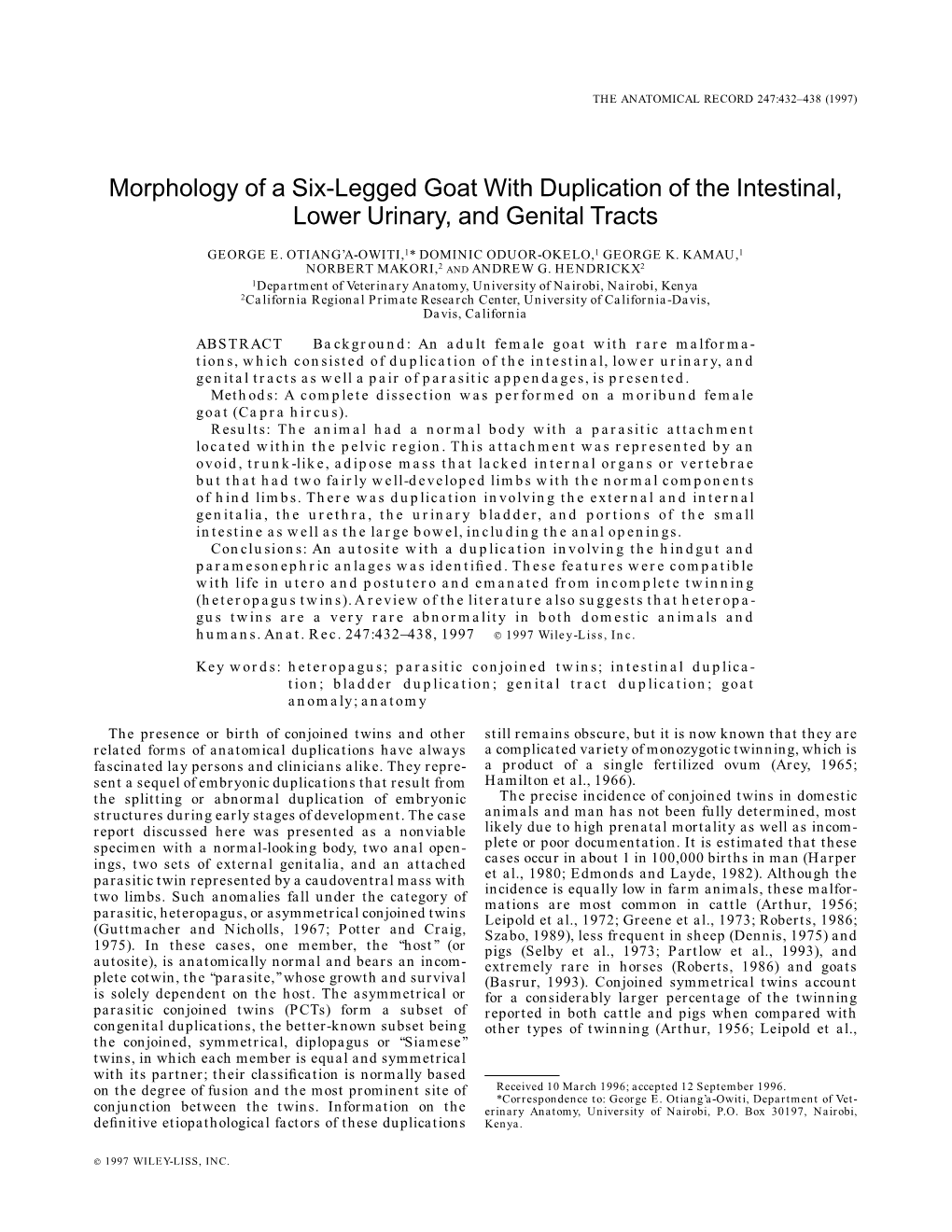 Morphology of a Six-Legged Goat with Duplication of the Intestinal, Lower Urinary, and Genital Tracts