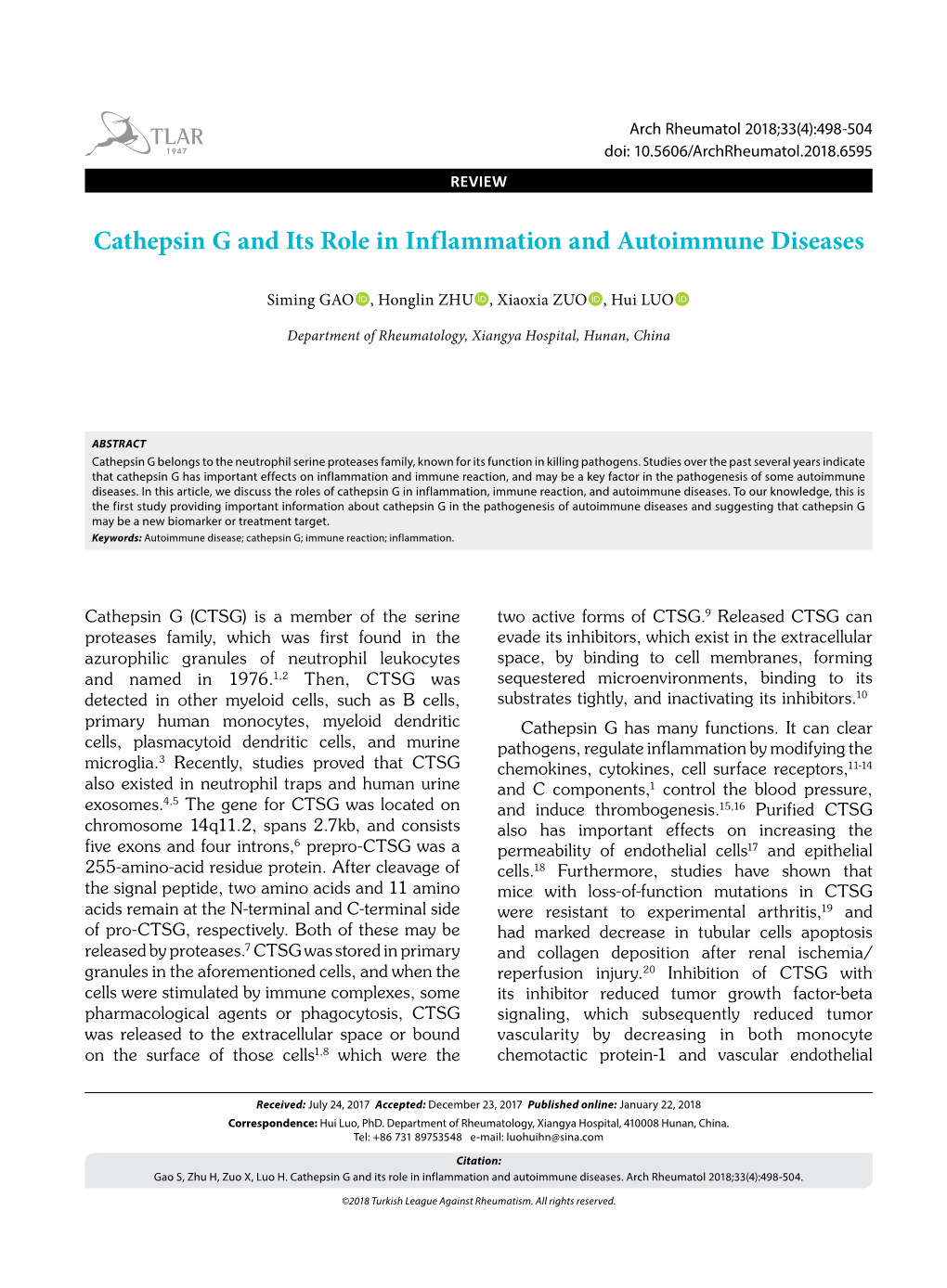 Cathepsin G and Its Role in Inflammation and Autoimmune Diseases